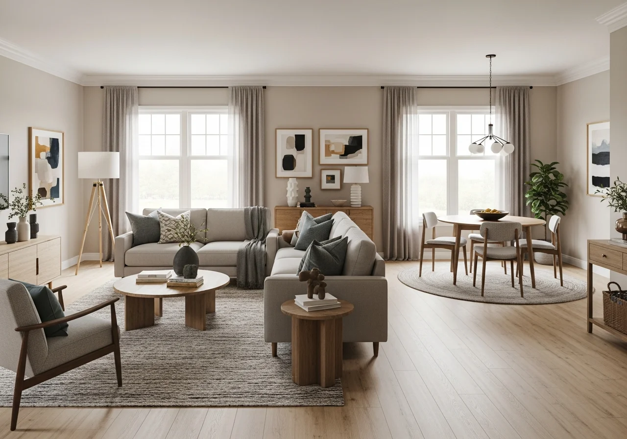Modern room after AI redesign — hardwood floors, contemporary furniture, curated decor by Havenly-style AI