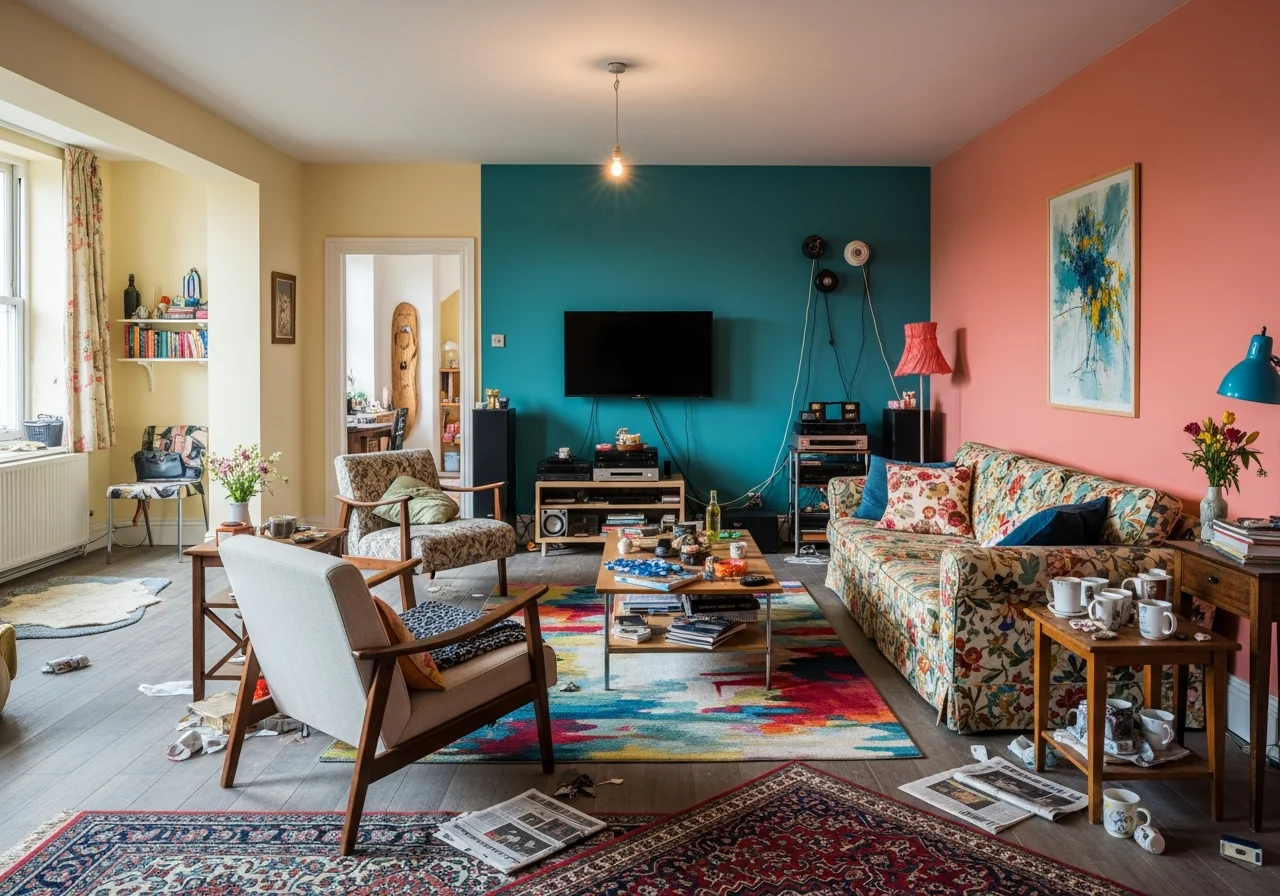 Dated room before redesign — worn carpet, outdated furniture, plain walls