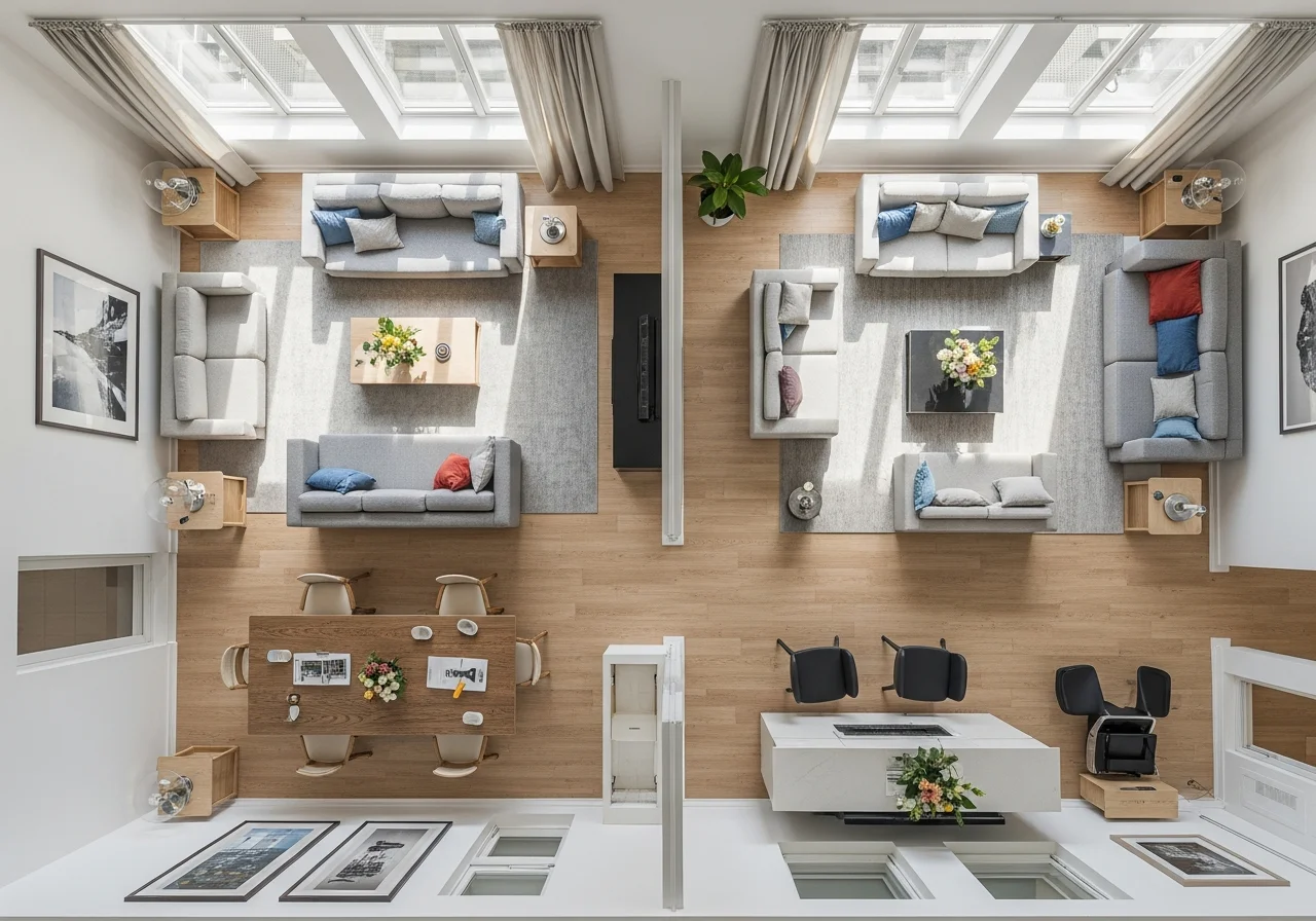 Optimized room after AI planning — floating furniture layout, defined zones, balanced proportions