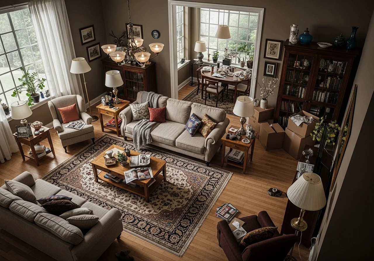 Cluttered room before planning — furniture against walls, poor traffic flow, wasted space