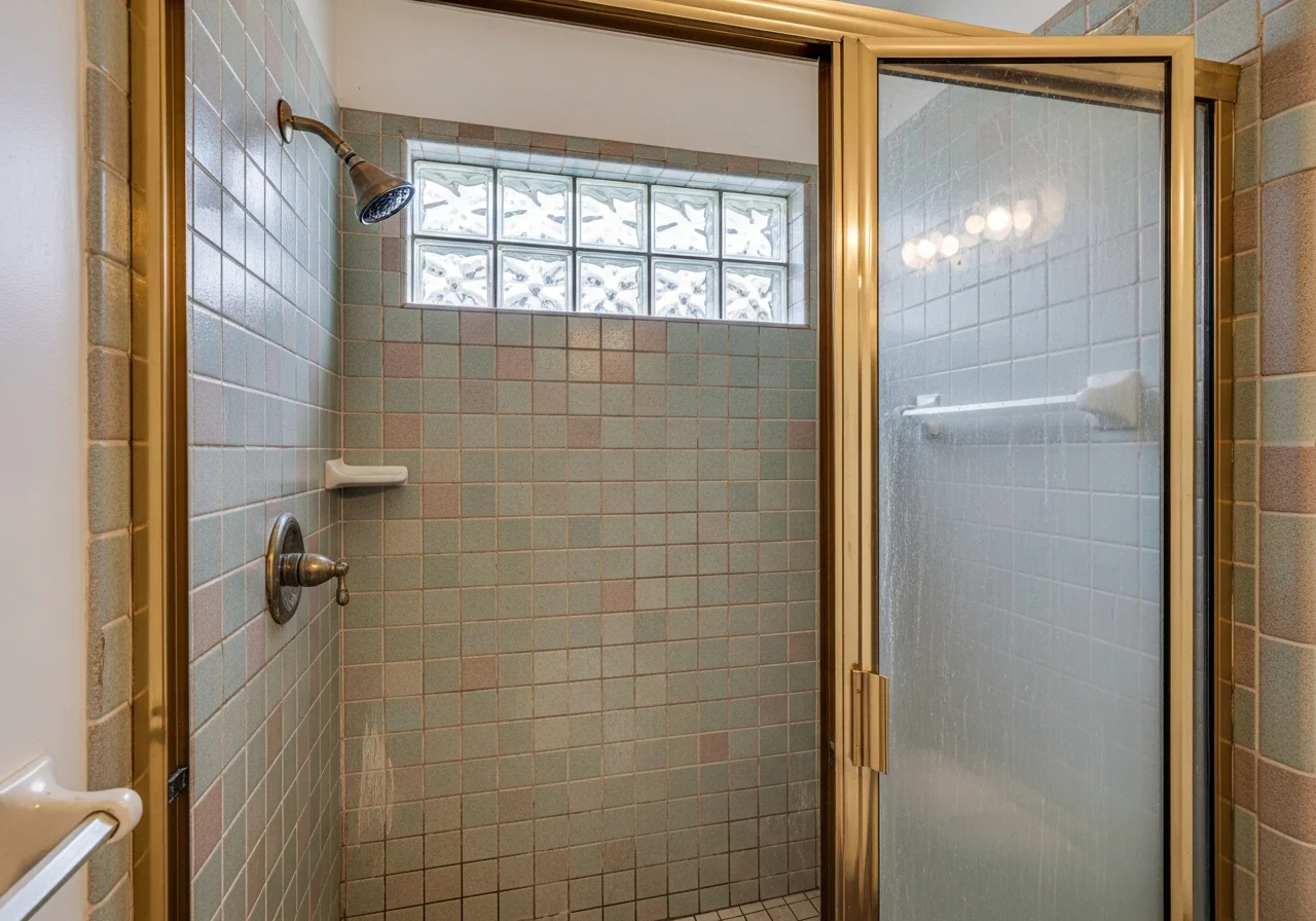 Dated shower before remodel — old tile surround, brass fixtures, glass block window