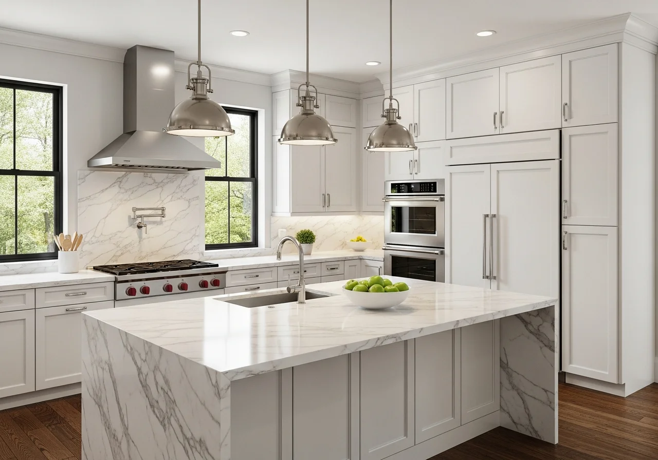 Photorealistic 3D render of the sketched kitchen — white cabinets, marble countertops, pendant lights