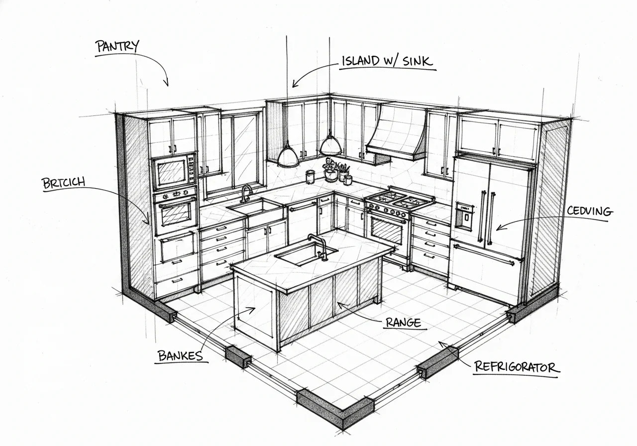 Hand-drawn pencil sketch of a kitchen layout with labeled elements