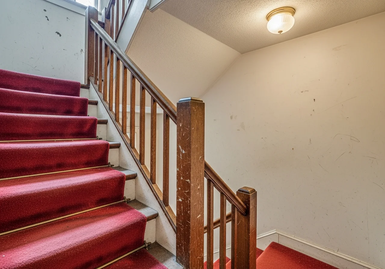 Dated staircase before remodel — carpeted treads, oak balusters, brass hardware