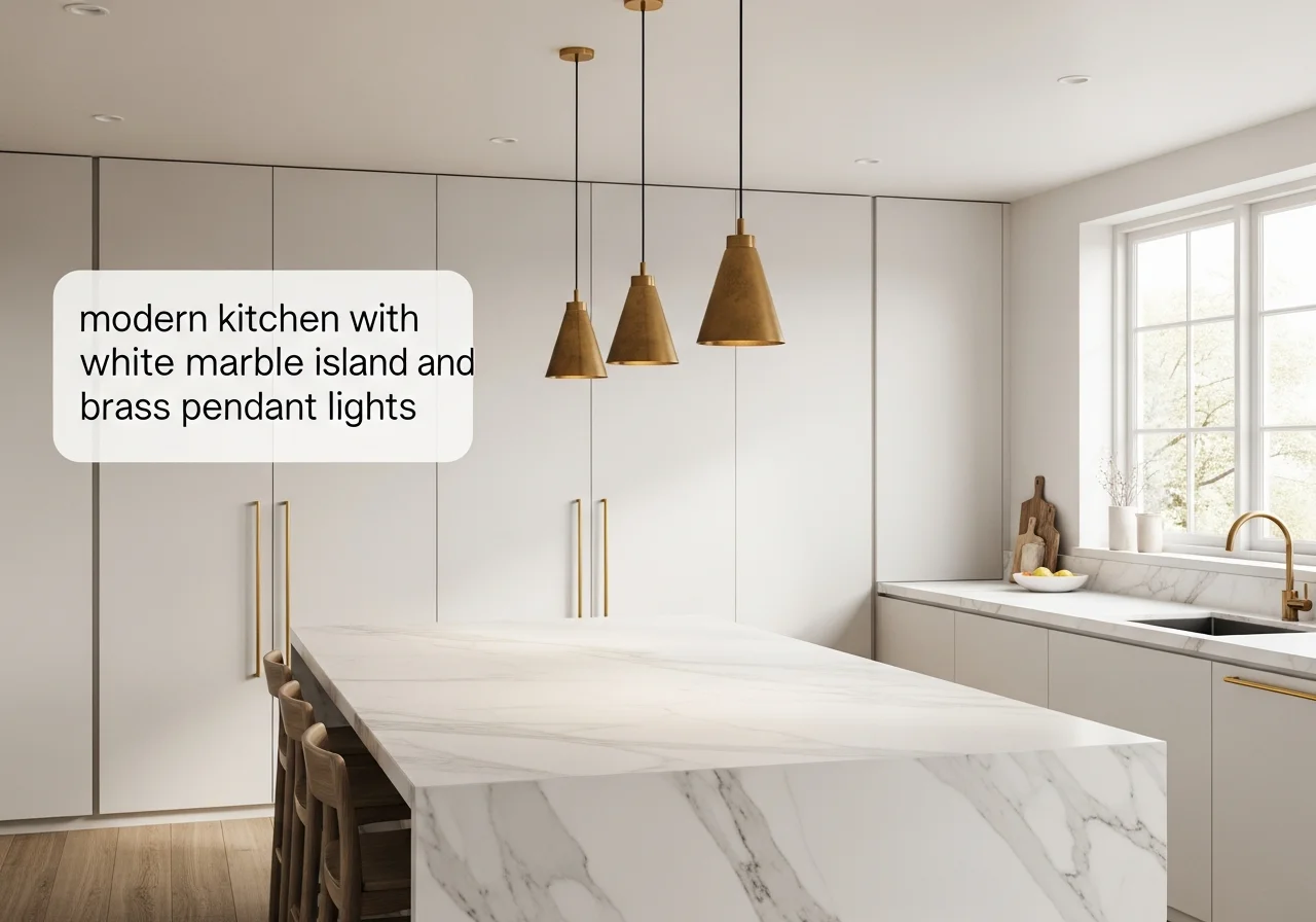 AI-generated modern kitchen from text description — white marble island with brass pendant lights