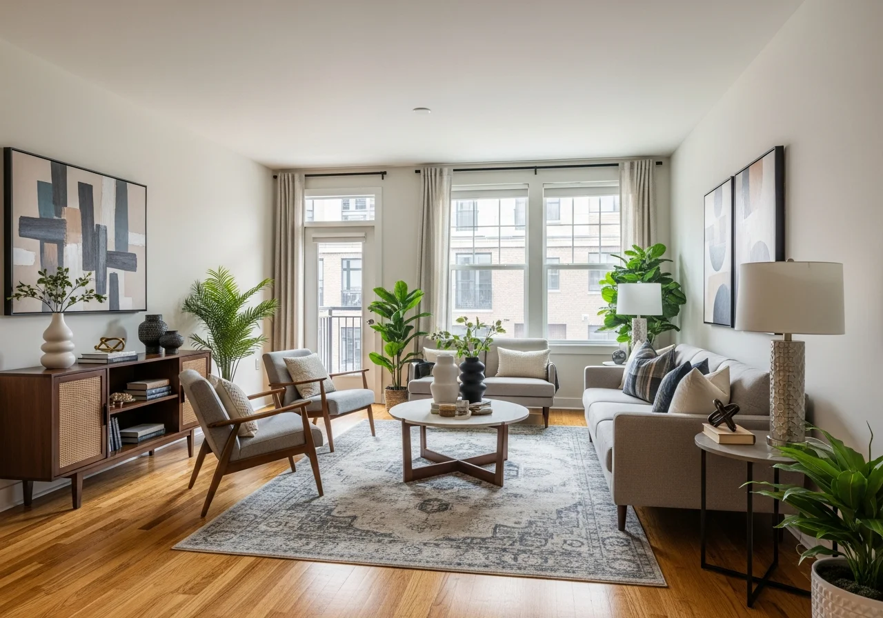 Virtually staged living room — modern furniture, area rug, plants, and wall art added by AI