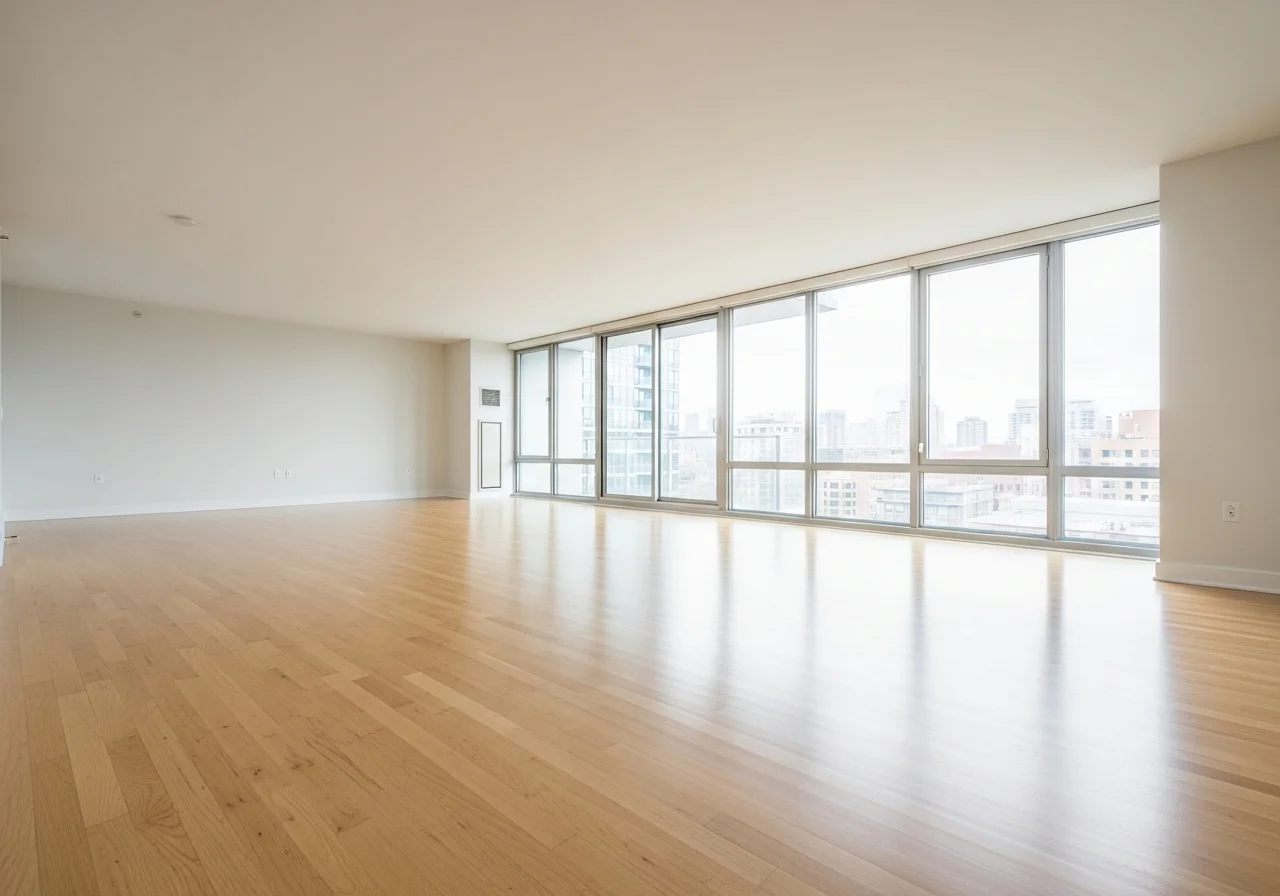 Empty vacant room before virtual staging — hardwood floors, white walls, city view windows