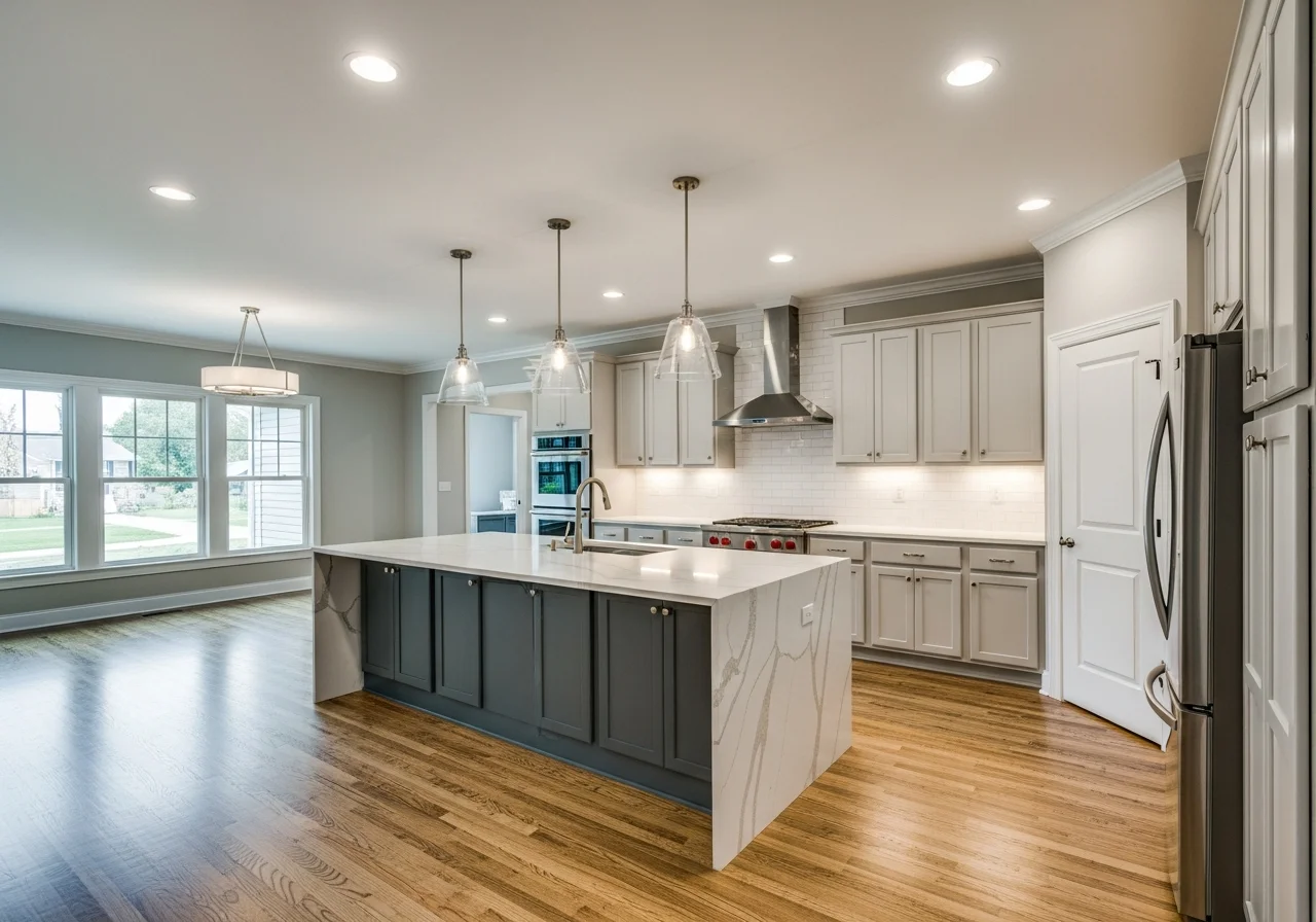 Modern whole house after remodel — open concept living, Restoration Hardware lighting, hardwood floors
