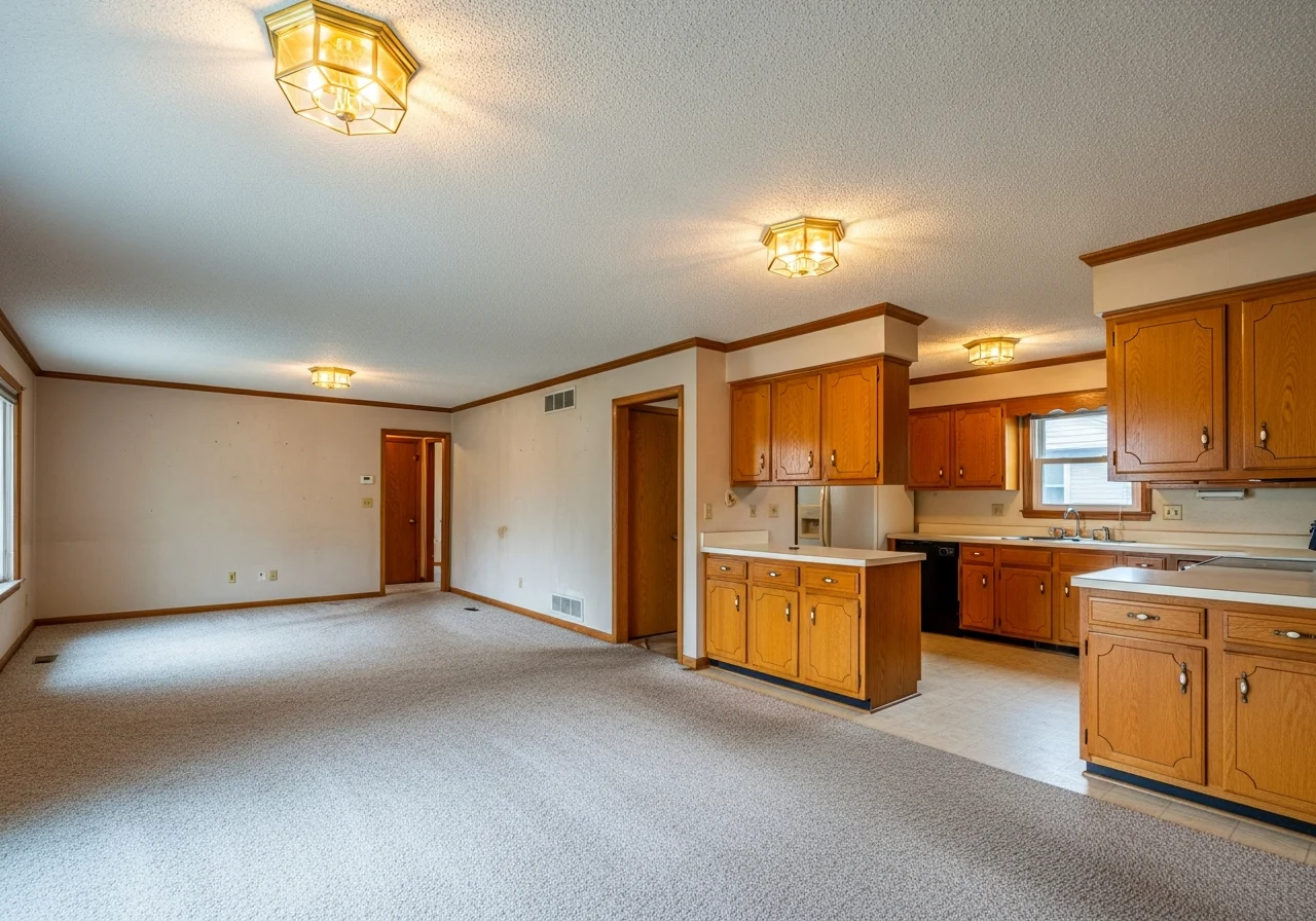Dated whole house interior before remodel — dark wood paneling, brass fixtures, worn carpet