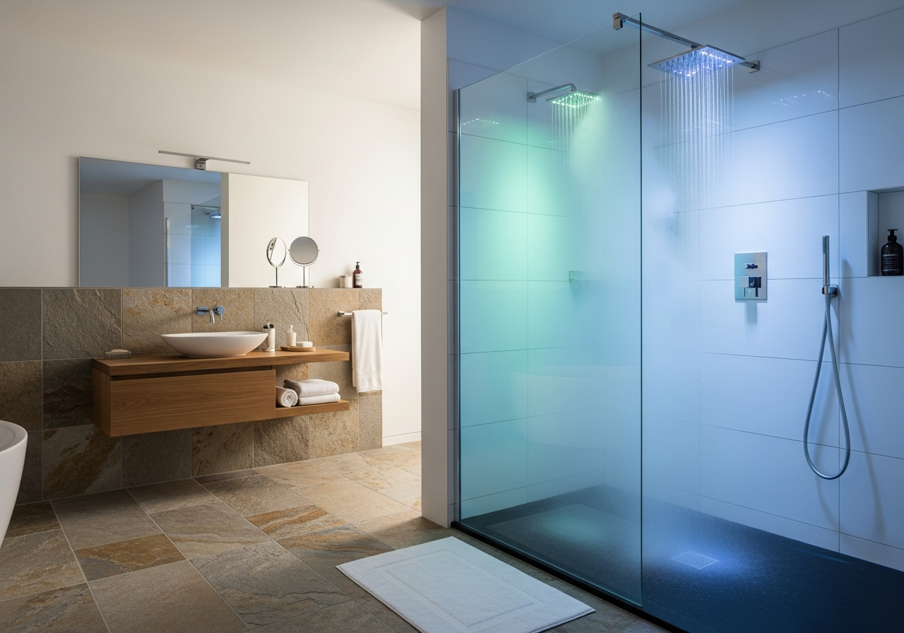 Walk-in shower with chromatherapy LED lighting cycling through blue and green hues