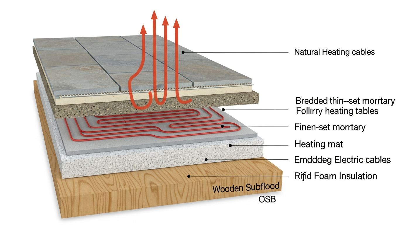 Cross-section diagram showing radiant heated floor layers beneath natural stone tile