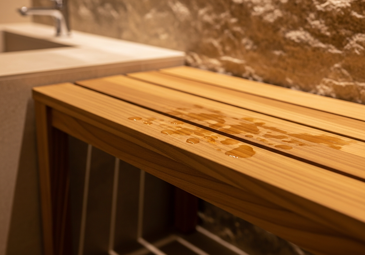 Close-up detail of teak wood bench and natural stone wall in spa bathroom design