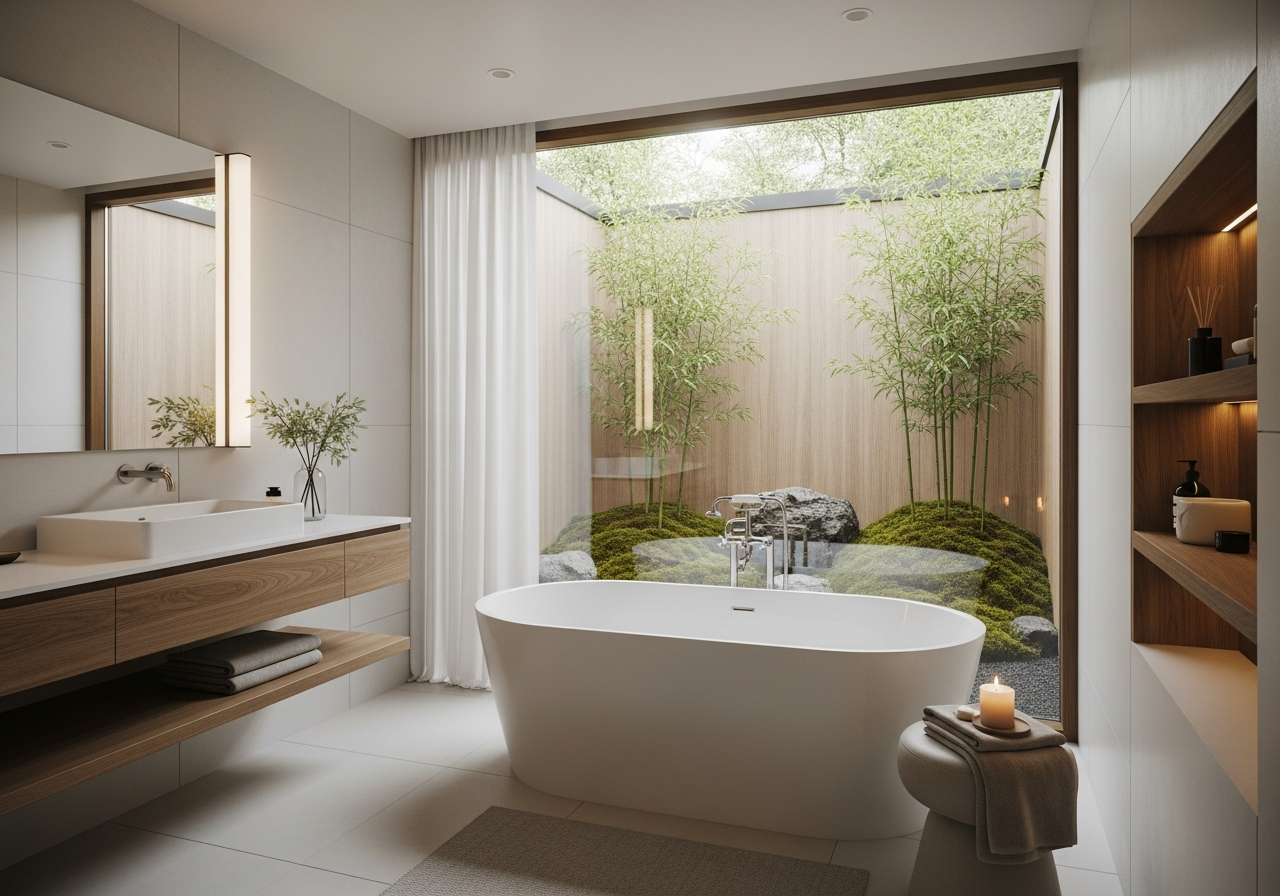 Freestanding Japanese soaking tub positioned beside a large window with garden view