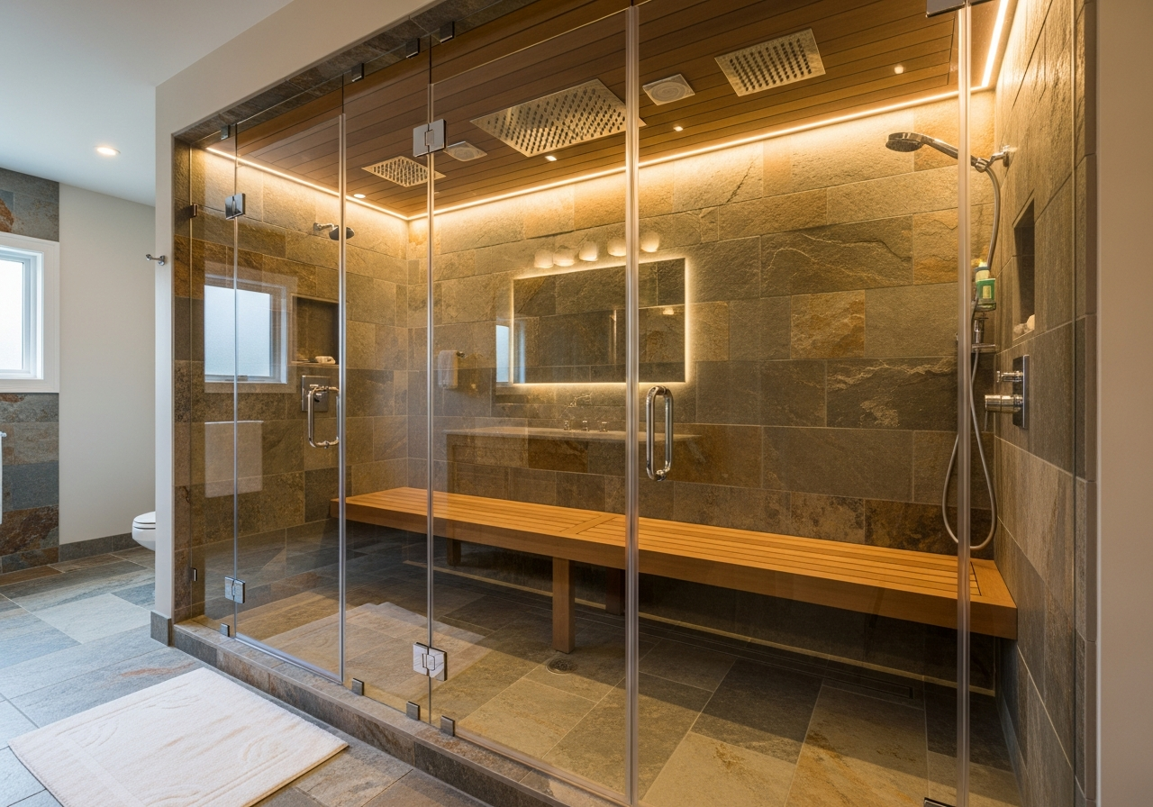 Glass-enclosed steam shower system with built-in teak bench and rainfall showerhead