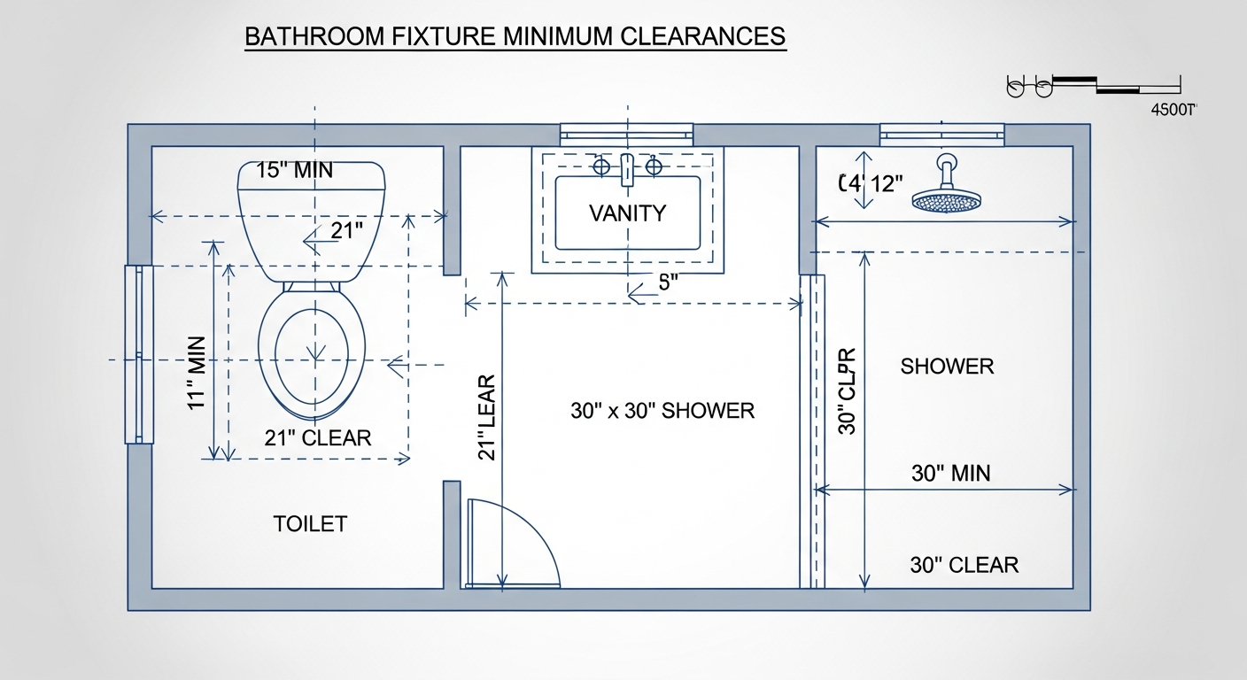 Bathroom fixture spacing requirements showing minimum clearances for toilet, vanity, and shower