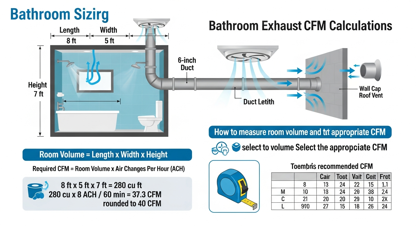 Exhaust fan CFM sizing diagram showing bathroom volume calculations and duct requirements