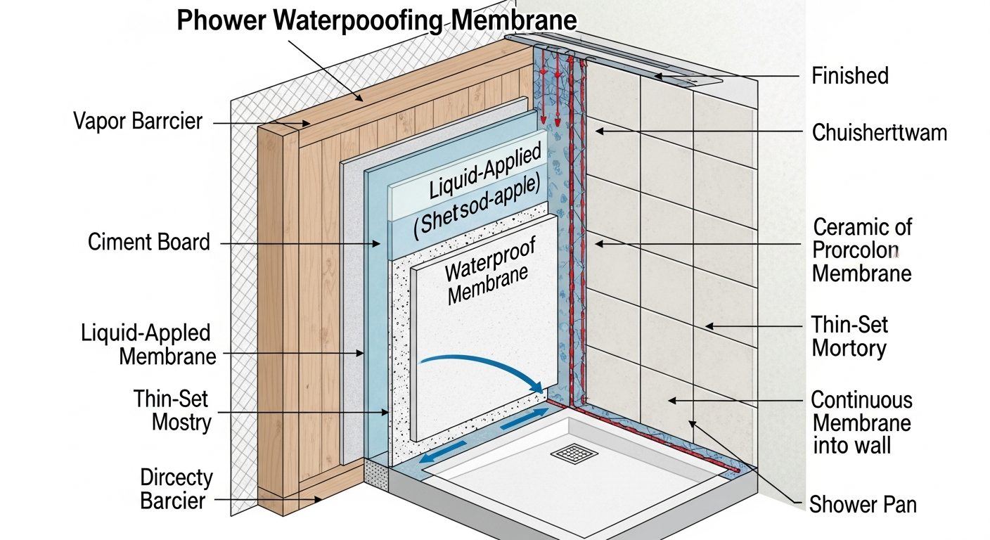 Proper shower waterproofing membrane installation showing layers from studs to tile