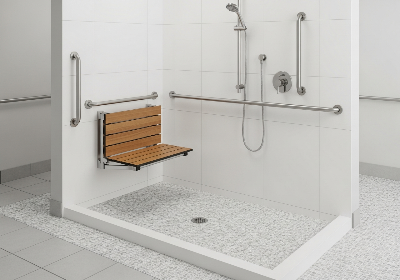 ADA-compliant curbless shower with grab bars, fold-down bench, and handheld showerhead