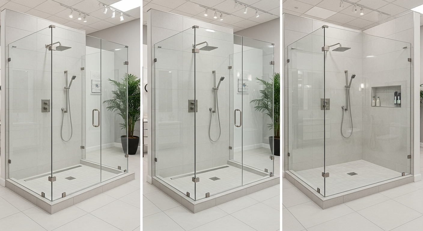 Three curbless shower glass enclosure options: frameless fixed panel, hinged door, and open design