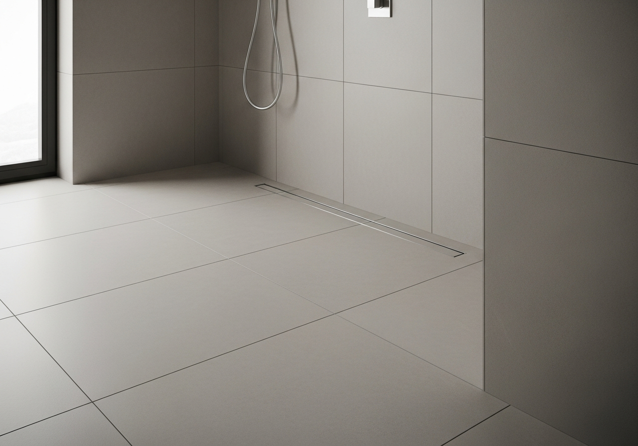 Linear drain installed along shower wall with large format tile and seamless floor transition