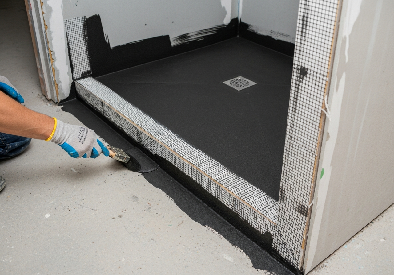 Waterproof membrane system applied to curbless shower floor and walls with reinforced corners