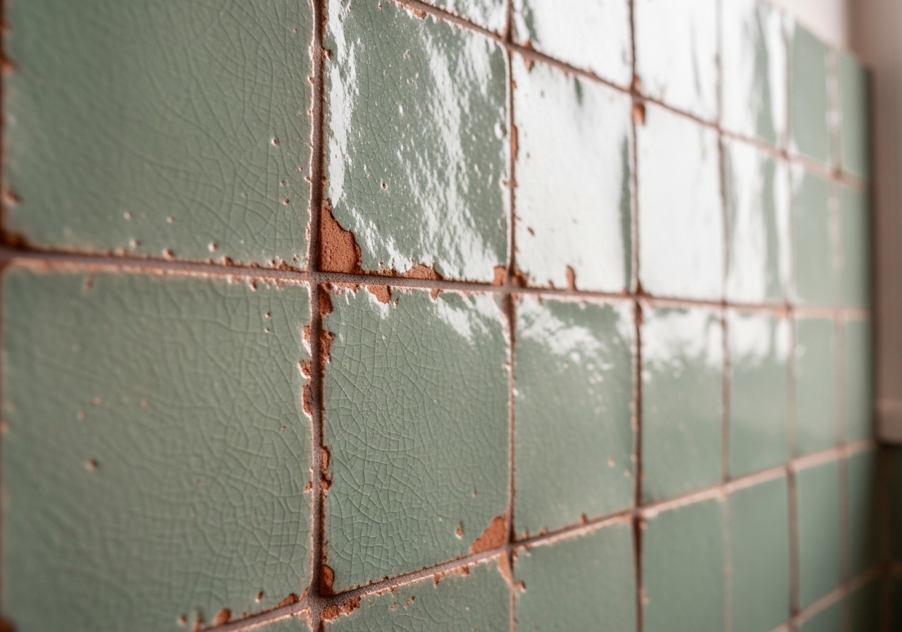 Hand-made zellige tile in soft green on bathroom wall showing artisanal surface variation