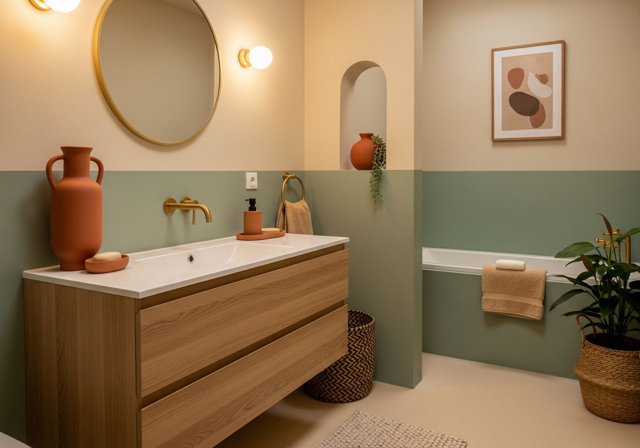 Bathroom with warm earthy color palette featuring sage green walls and terracotta accents