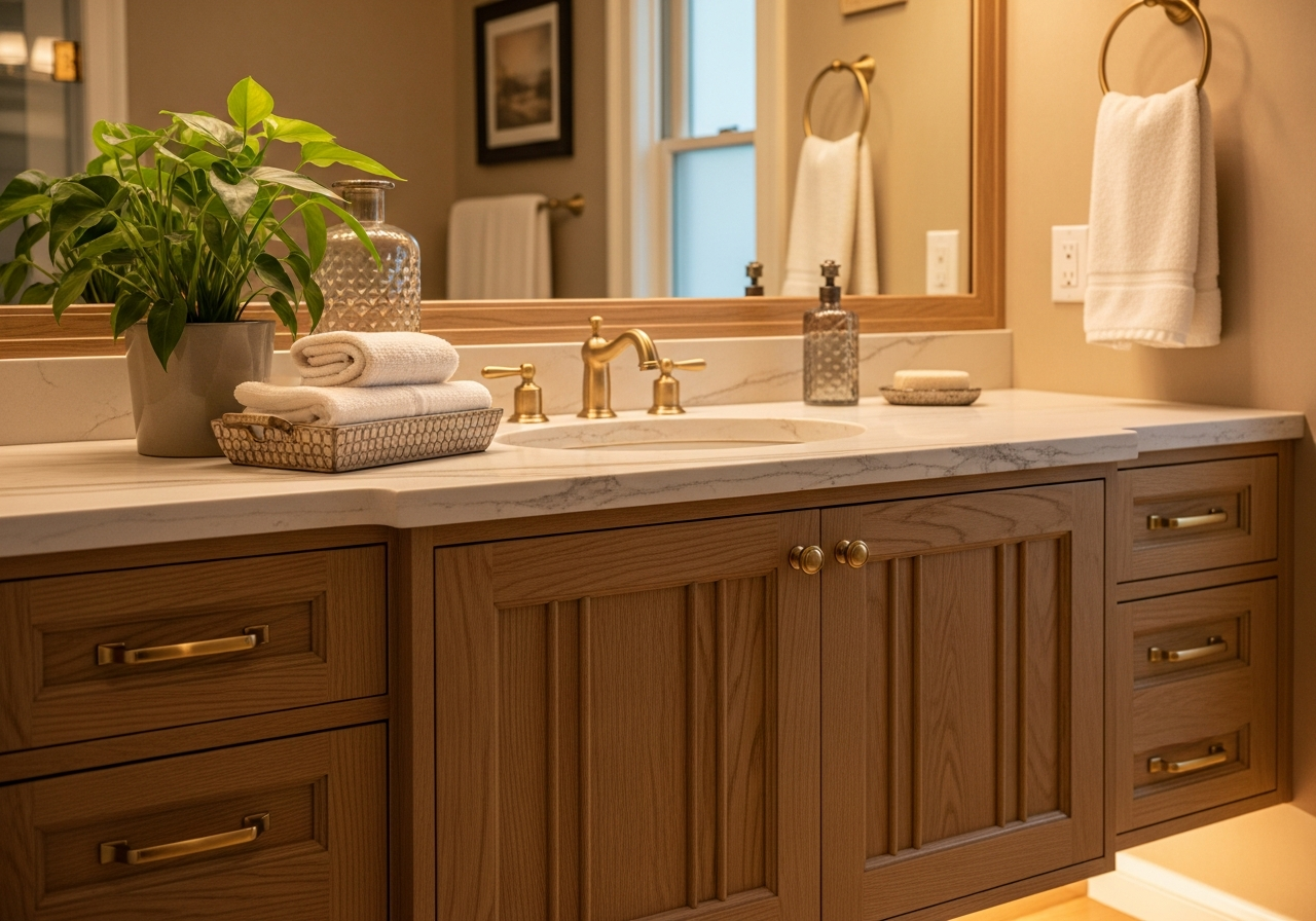 Furniture-style white oak vanity with fluted doors and natural stone countertop in warm bathroom