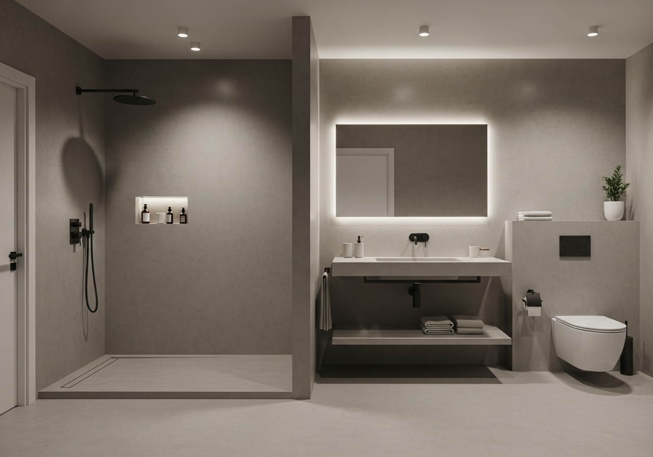 Bathroom with seamless microcement wall surfaces in warm gray creating a monolithic spa aesthetic