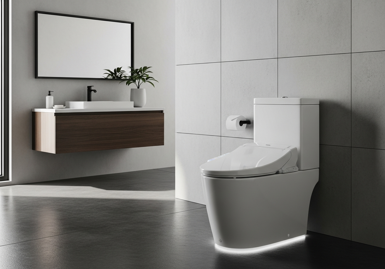 Modern smart toilet with integrated bidet, heated seat, and touchless flush in minimalist bathroom