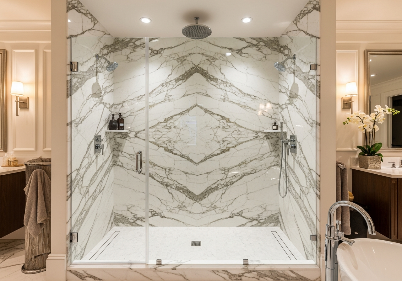 Calacatta marble slab shower wall with dramatic natural veining and frameless glass