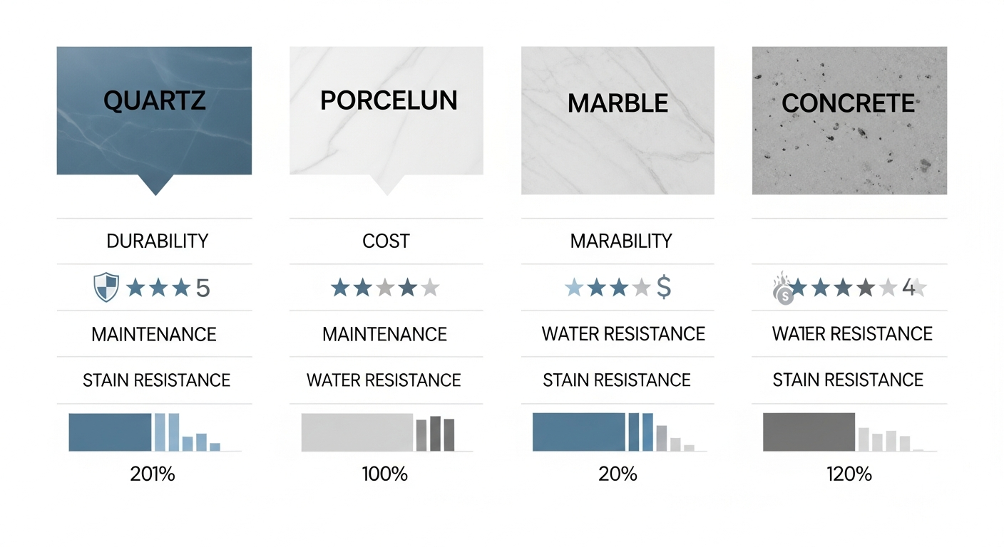 Side-by-side comparison chart of bathroom materials showing durability and cost ratings