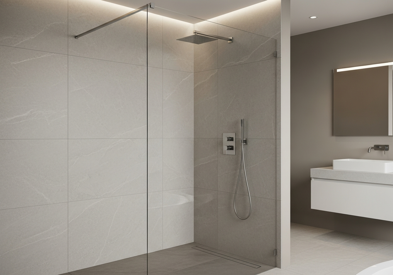 Large-format porcelain slab installed on bathroom shower wall with minimal grout lines
