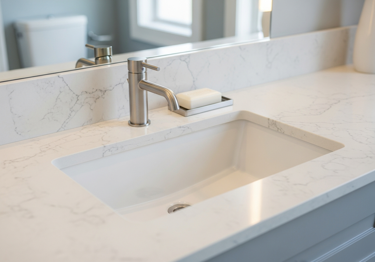 Quartz vanity countertop with undermount sink showing non-porous engineered stone surface