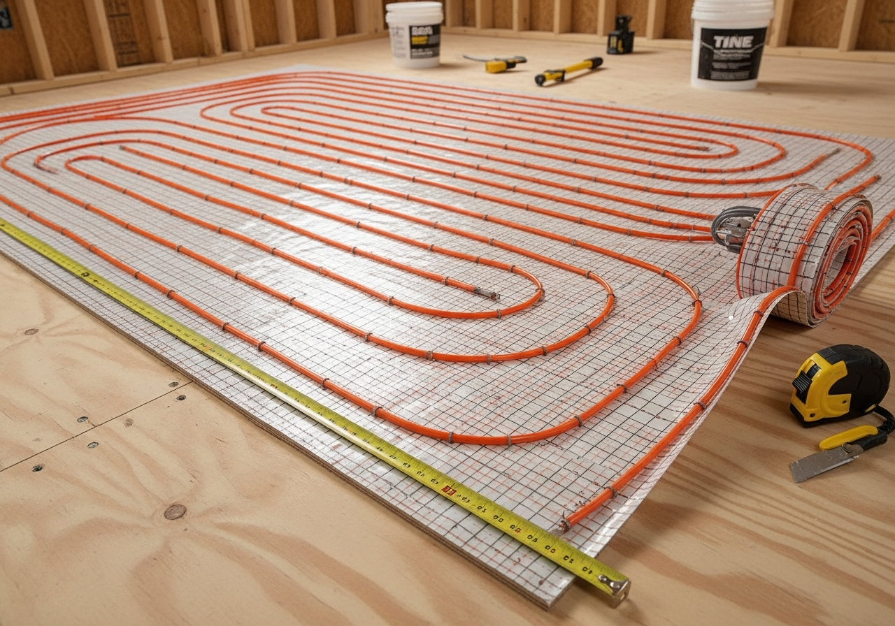 Electric radiant heating mat rolled out on bathroom subfloor before tile installation