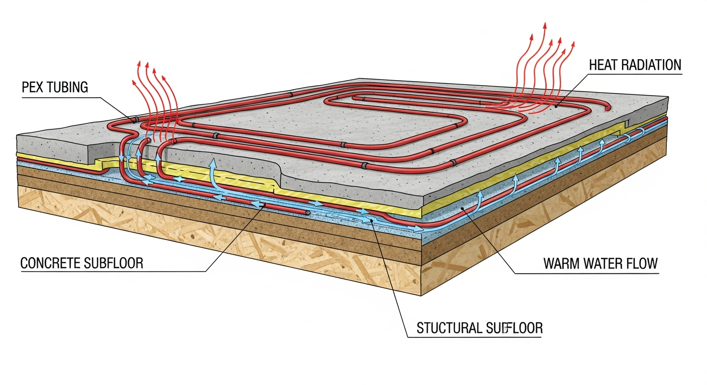 Cross-section diagram showing hydronic PEX tubing embedded in concrete subfloor