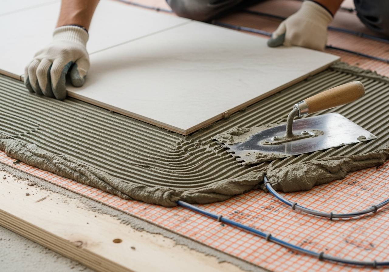 Porcelain tile being installed over electric radiant heating mat with thin-set mortar