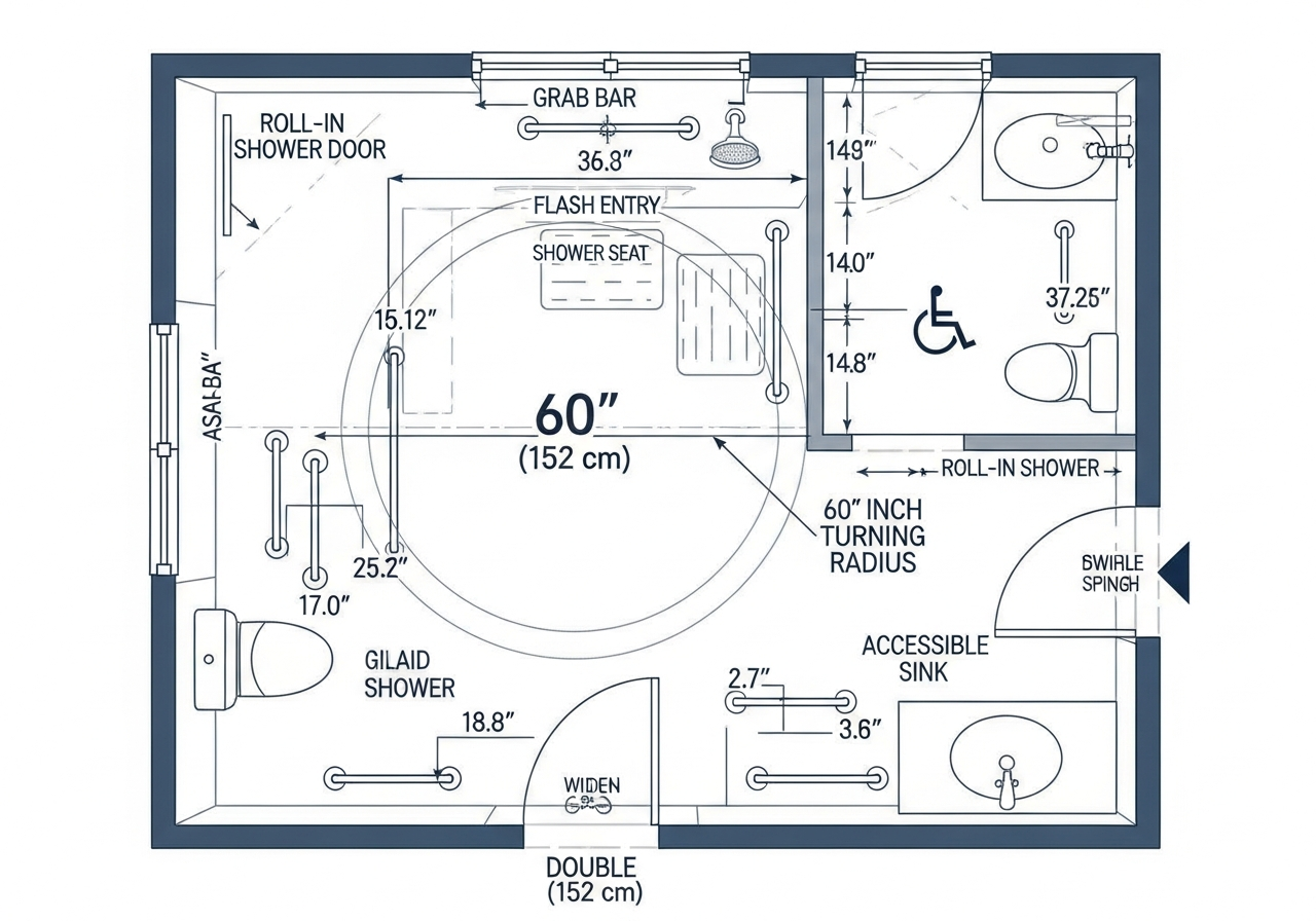ADA-compliant accessible bathroom layout with 60-inch turning radius and roll-in shower