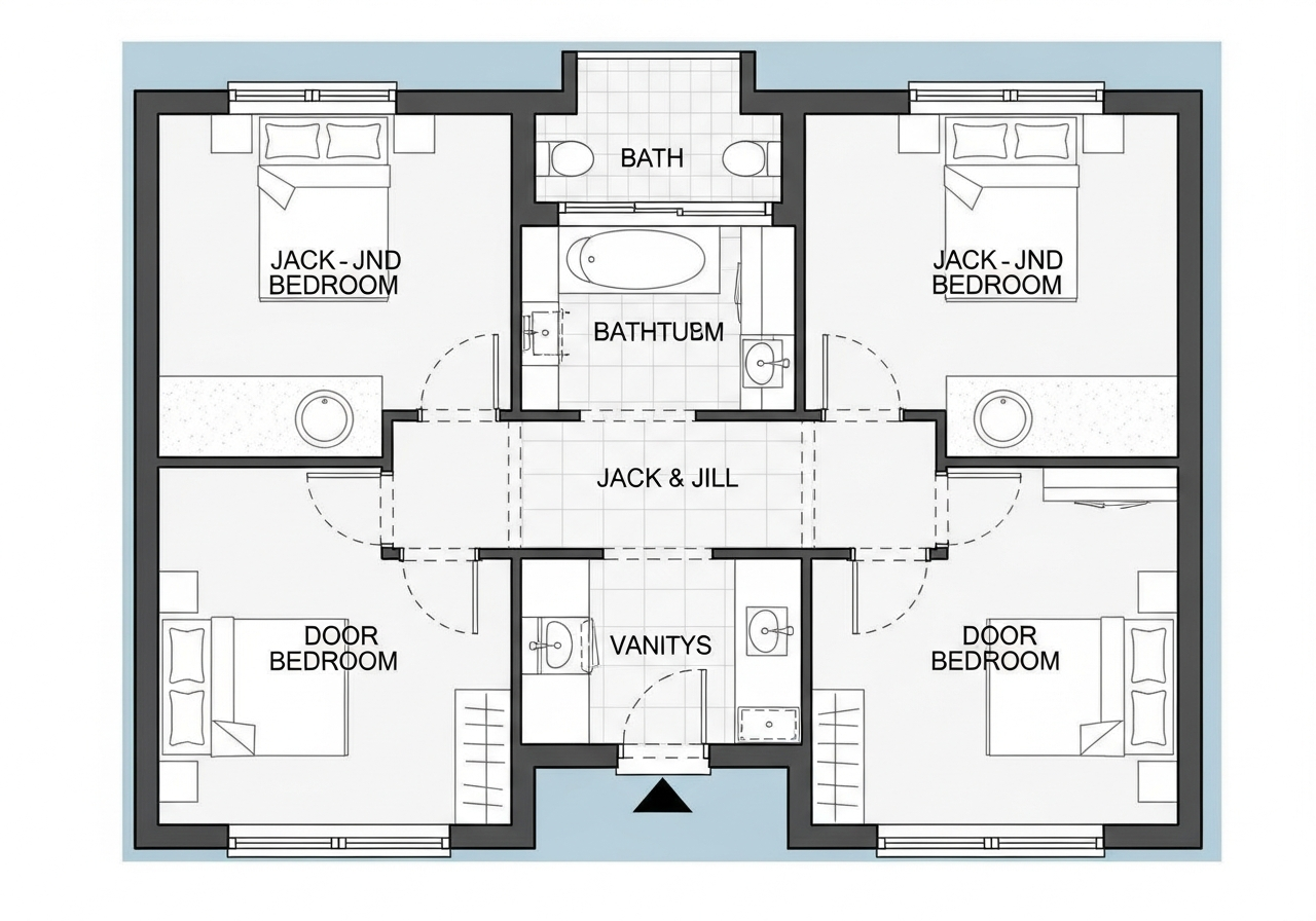 Jack-and-Jill bathroom connecting two bedrooms with shared tub and separate vanities