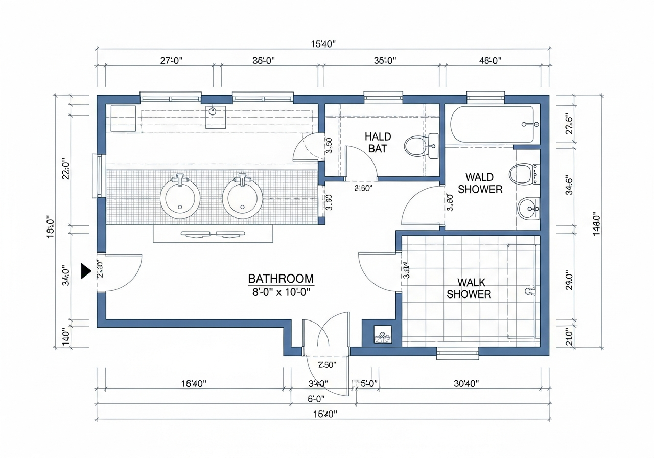 Medium 8x10 bathroom floor plan with double vanity, toilet, and walk-in shower