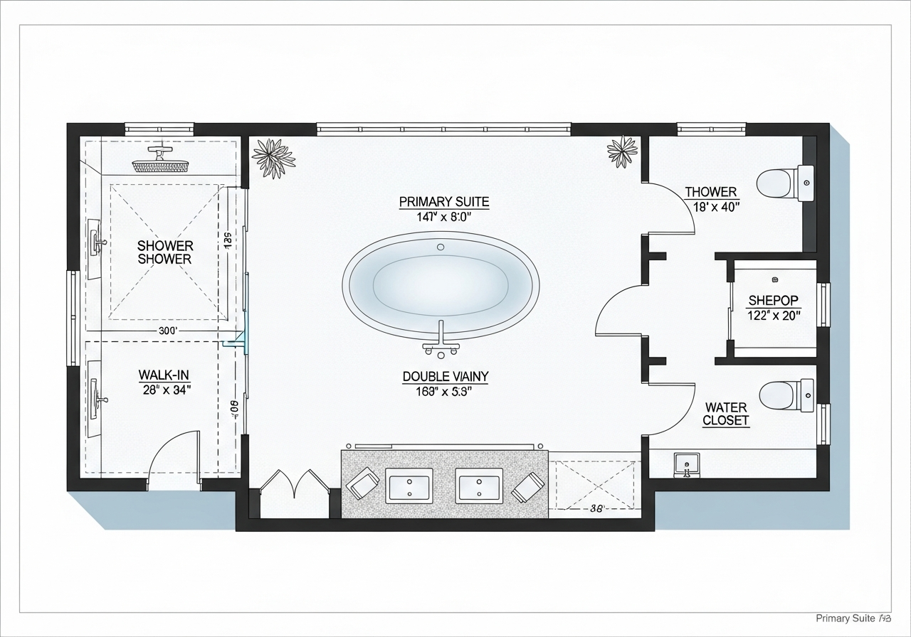 Spacious primary suite bathroom with freestanding tub, walk-in shower, and double vanity