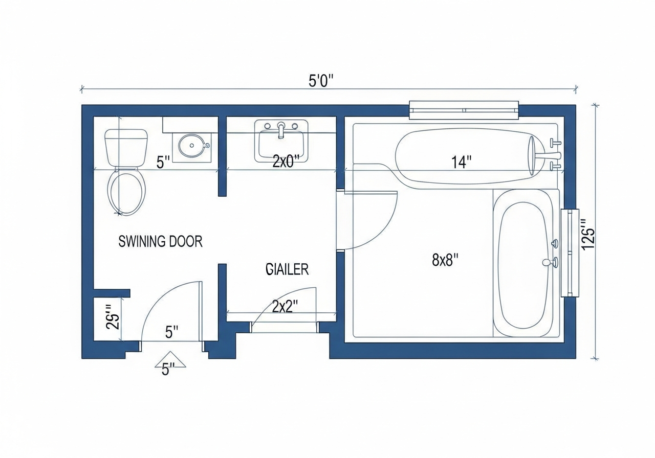 Floor plan of a compact 5x8 bathroom layout with toilet, vanity, and tub placement