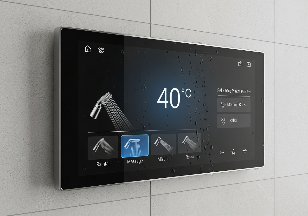 Digital shower control panel with touchscreen showing temperature and spray settings