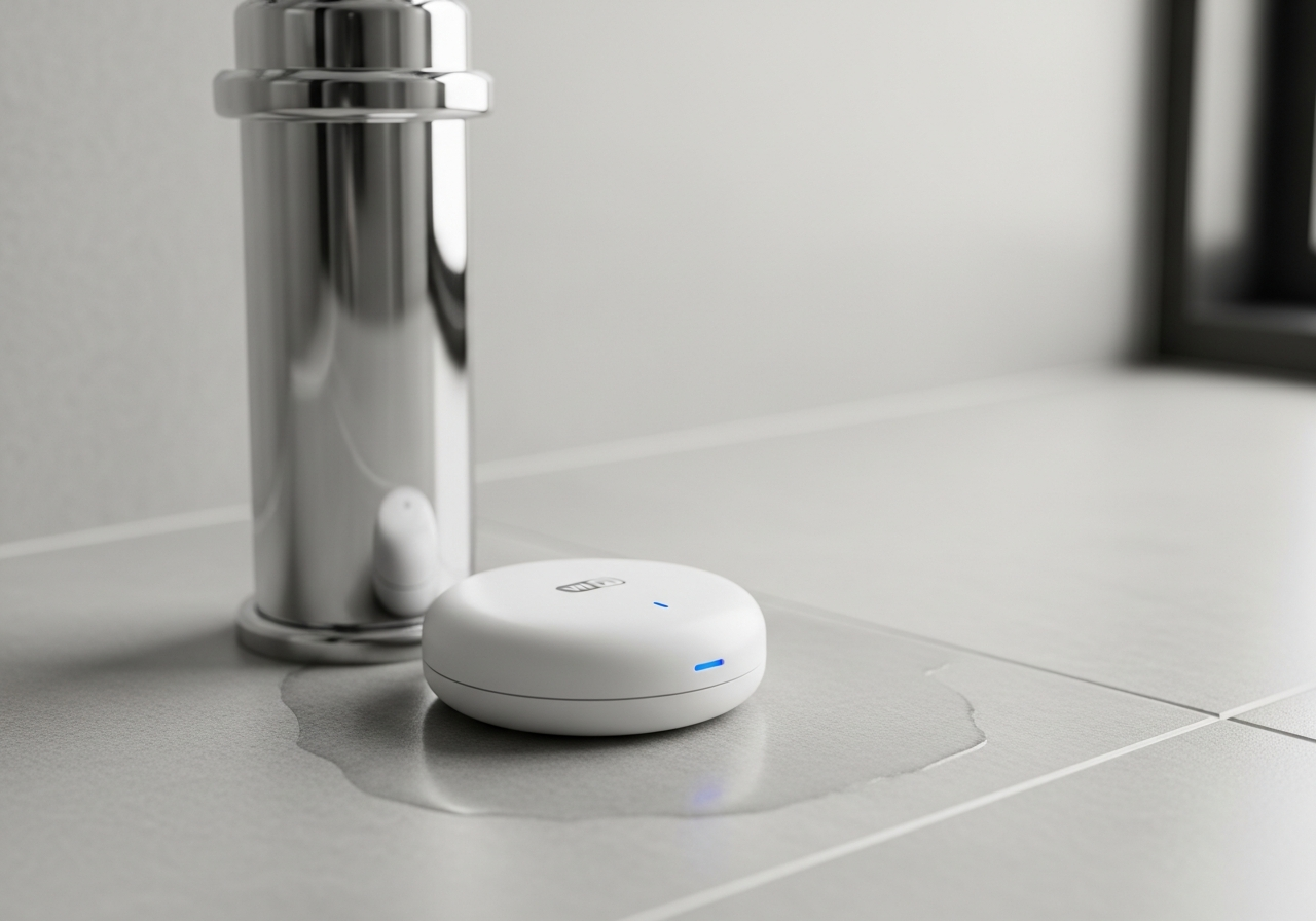 Wi-Fi leak detection sensor placed near bathroom water supply line with phone alert