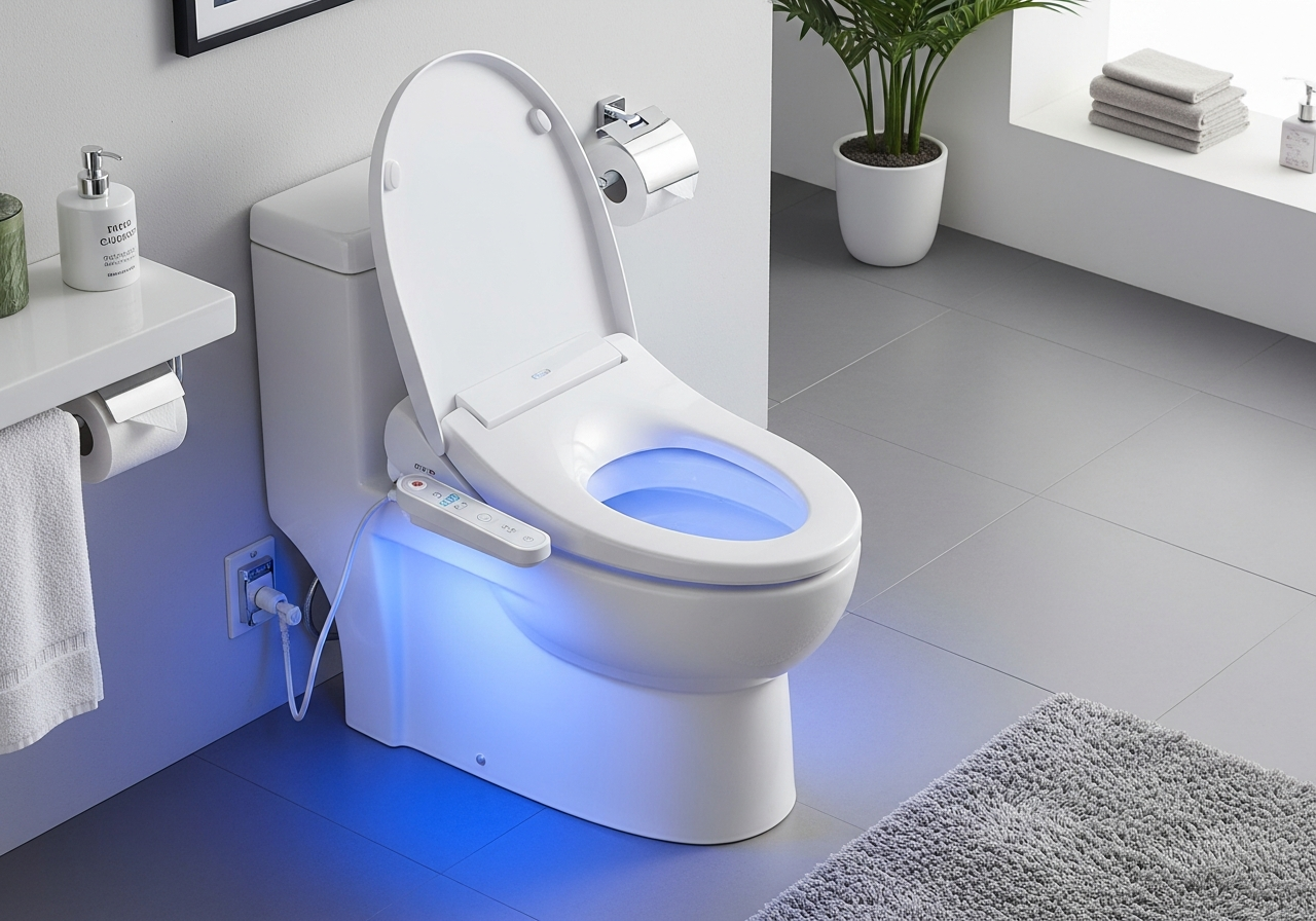 Modern smart toilet with integrated bidet seat, LED night light, and automatic lid