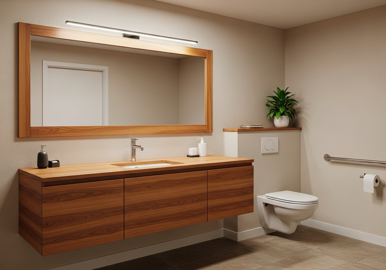 Accessible floating vanity with knee clearance and lever-handle faucet