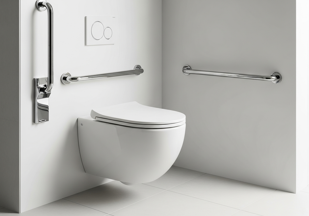 Comfort-height wall-mounted toilet with grab bars in universal design bathroom