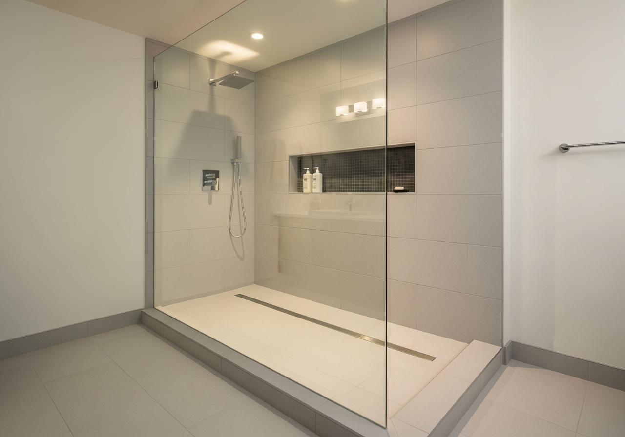 Curbless roll-in shower with linear drain and frameless glass panel in accessible bathroom