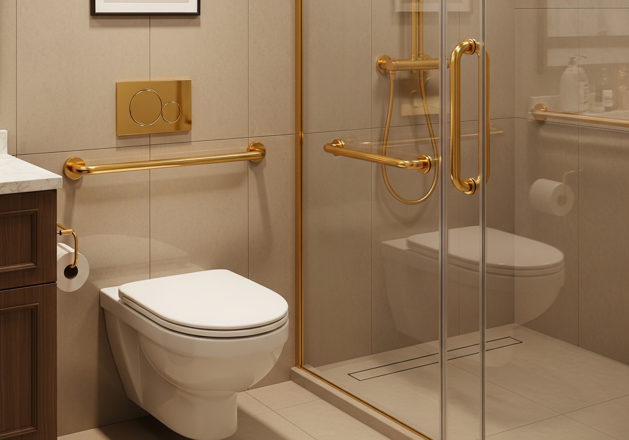 Stylish brushed gold grab bars installed near toilet and shower matching bathroom fixtures
