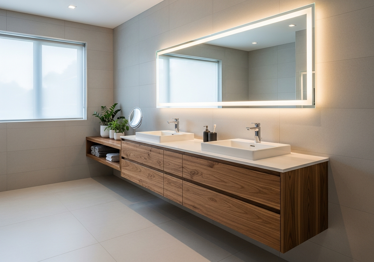 Floating wall-mounted double vanity in warm walnut with undermount sinks